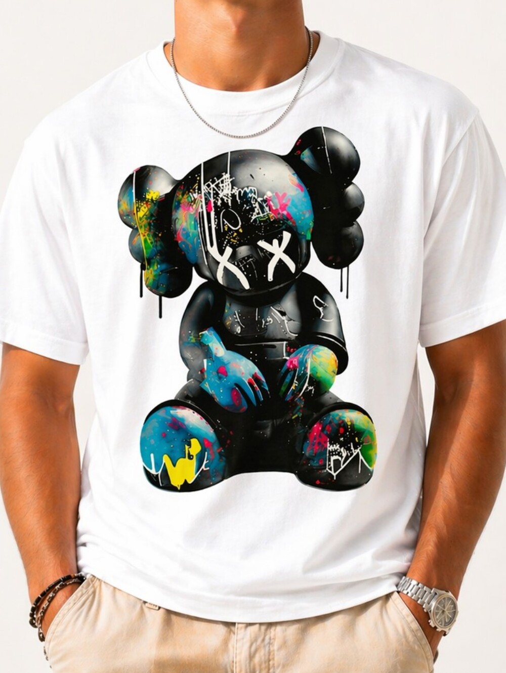 Gildan White Short-Sleeve Tee with Colorful Graffiti Bear Graphic